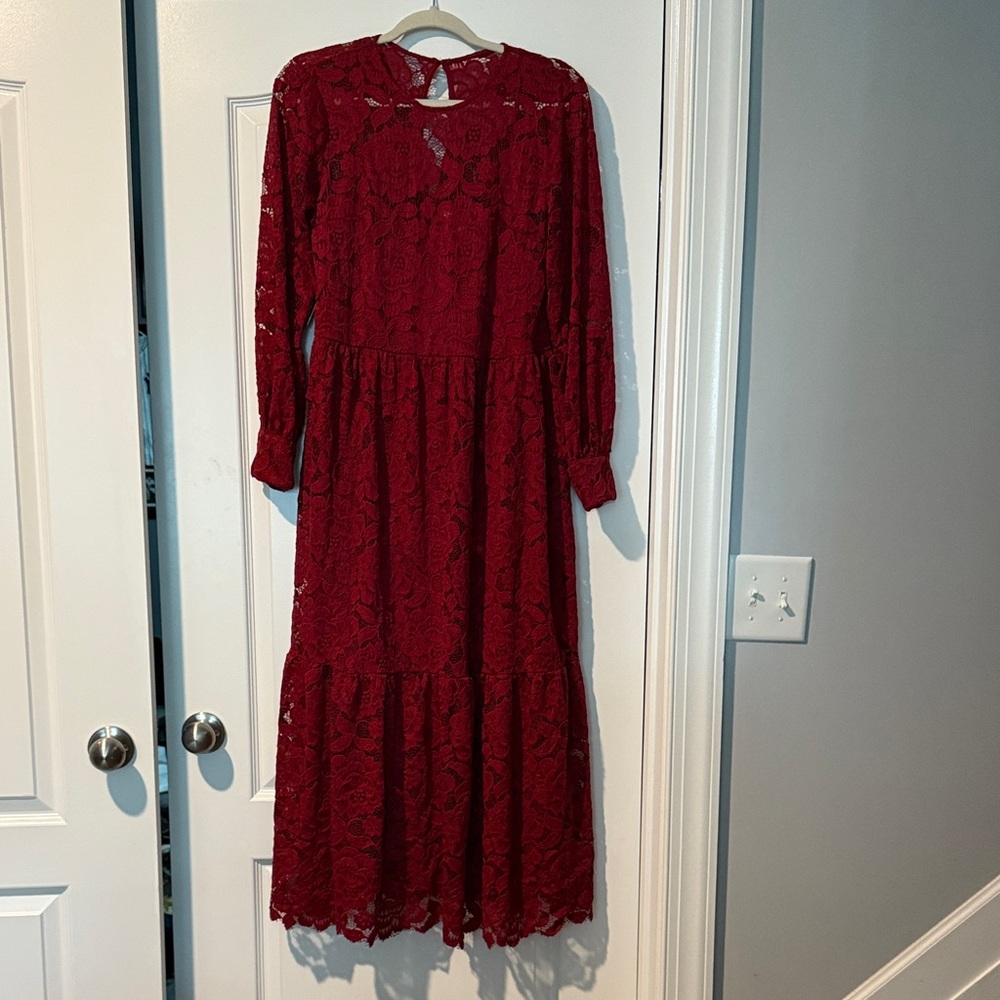 Anthropologie Deep Red Lace Long Sleeve Dress